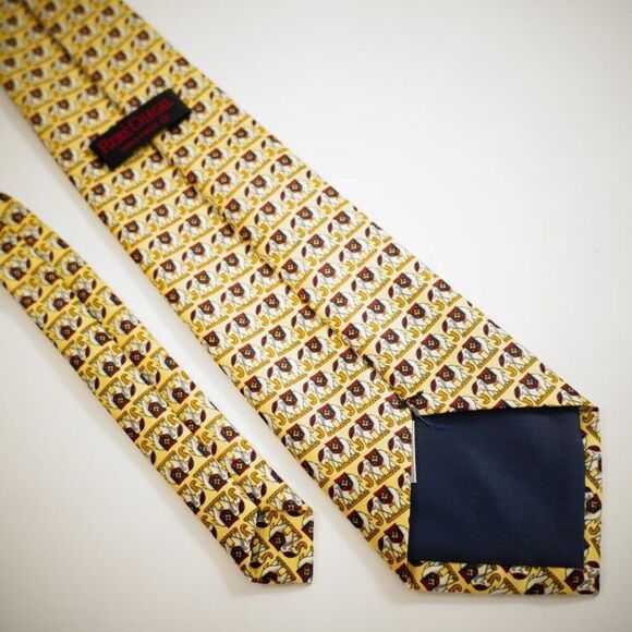 Rene‎ Chagal Handmade Elephant Print Yelow Wide Silk Tie - Picture 4 of 5